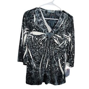Unity Blouse Women's Petite Large V-Neck 3/4 Sleeve Rhinestone Printed Top NWT